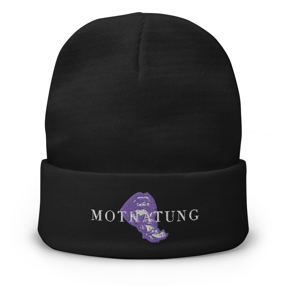 purple and white beanie
