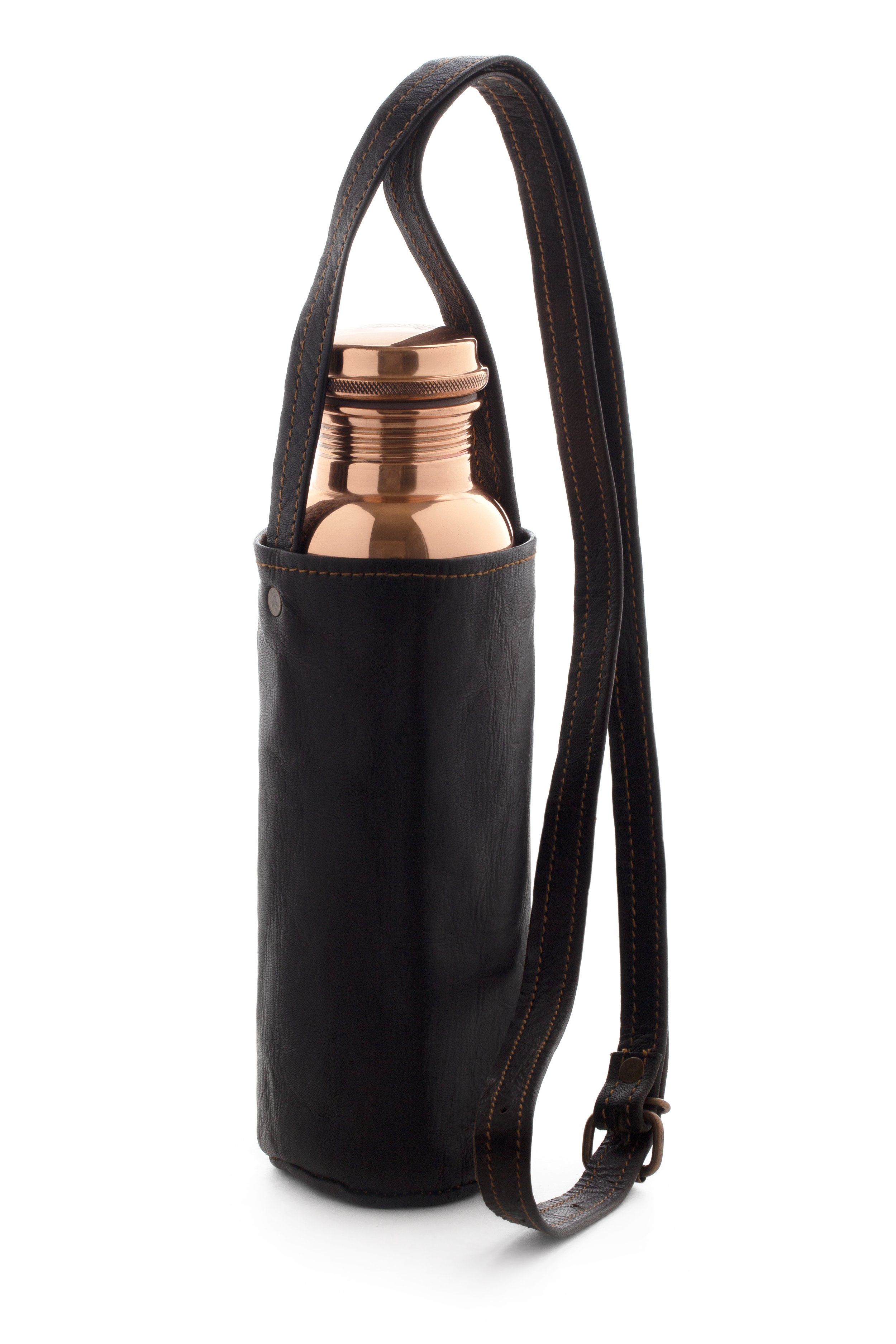 Leather water bottle holder with strap and glass bottle