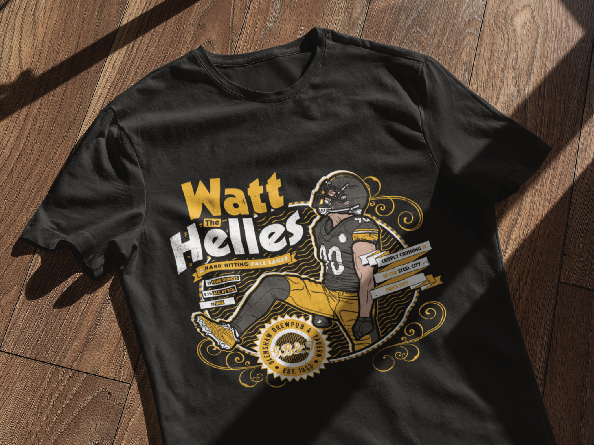 T.J. Watt (Steelers) Fake Craft Beer Label T-Shirt — Dustin Morrison Art