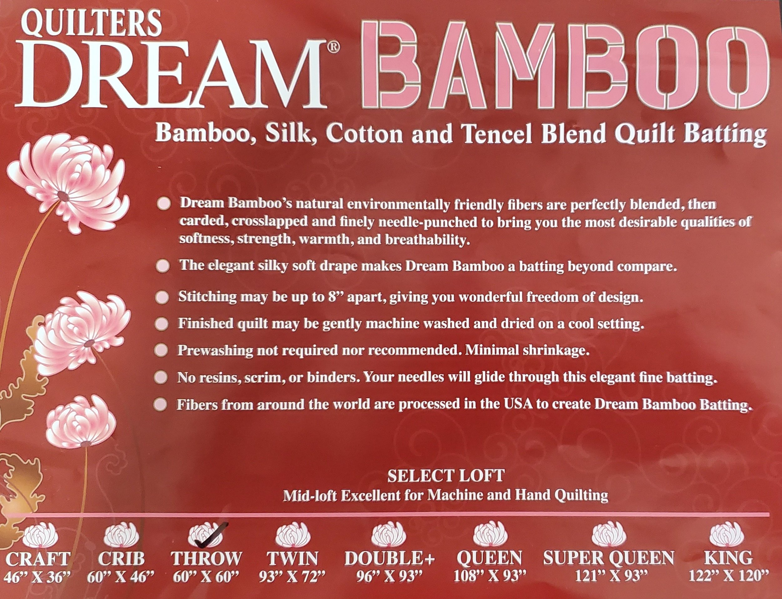Quilter's Dream Bamboo Silk Tencel Blend Midloft Quilt Batting 46
