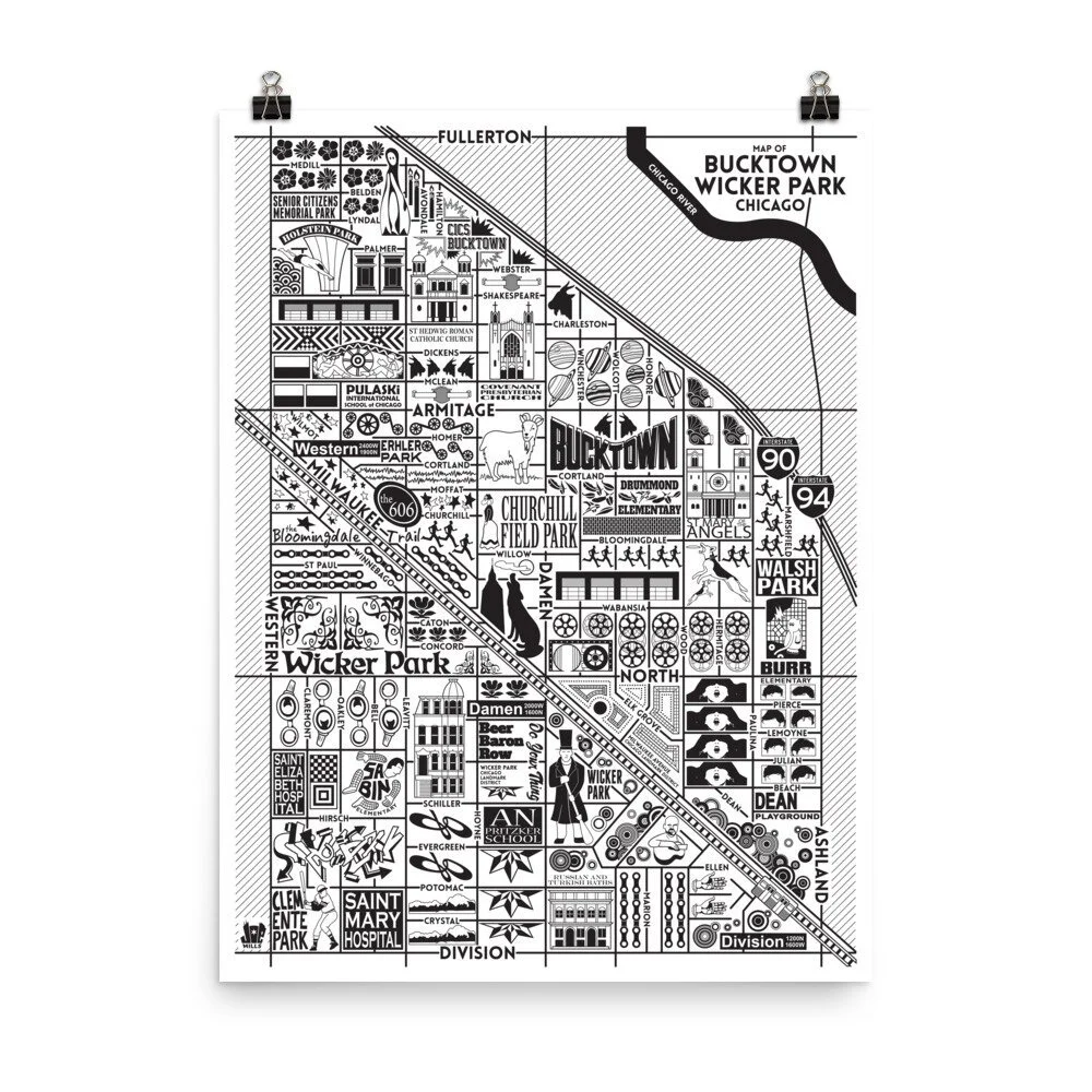 Wicker Park Chicago Map Bucktown And Wicker Park Map: Chicago Art Prints For Sale — Joe Mills  Illustration