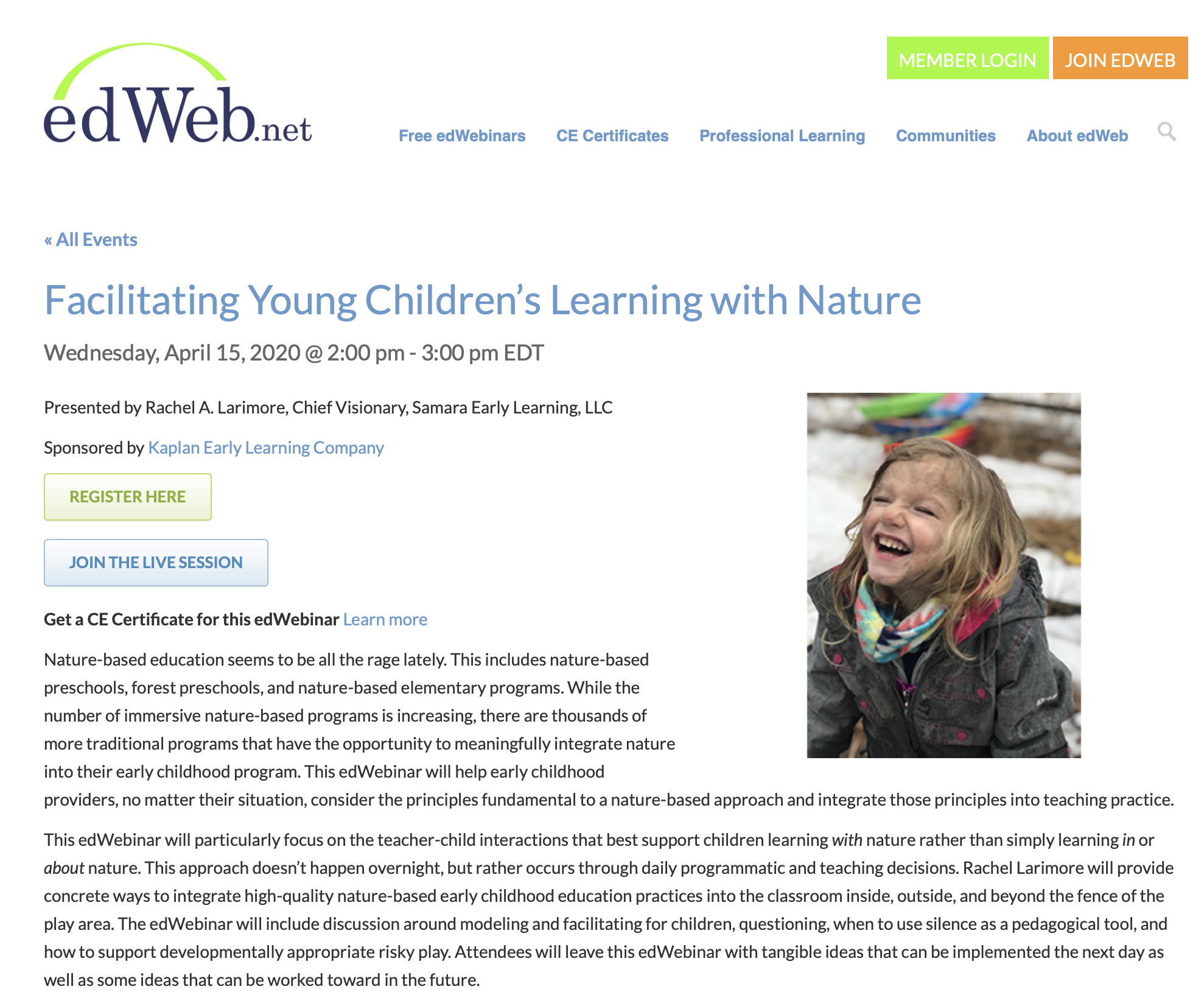 Facilitating Young Children's Learning WITH Nature (Webinar)