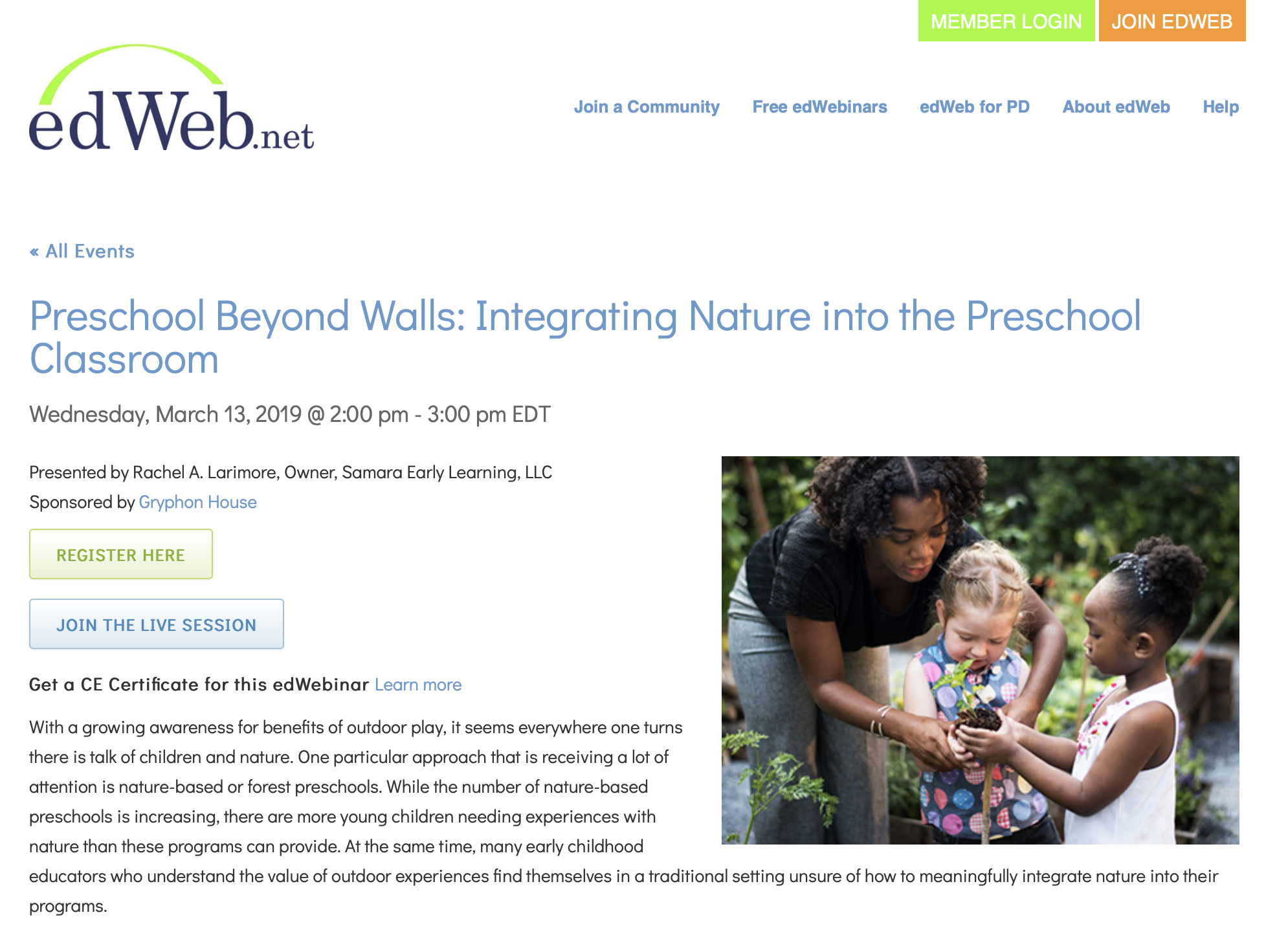 Preschool Beyond Walls: Integrating Nature into the Preschool Classroom (Webinar)