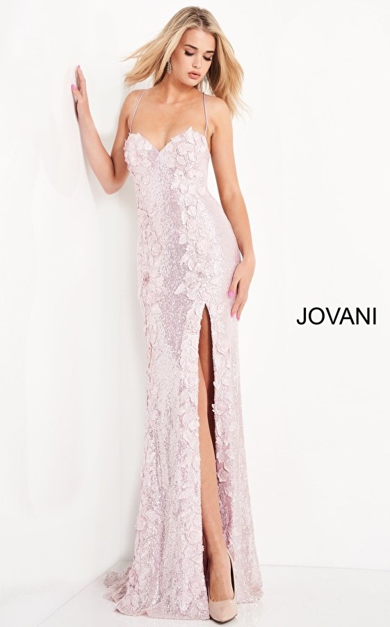 Jovani 09009 Plunging Neckline High Slit Embellished With Stones