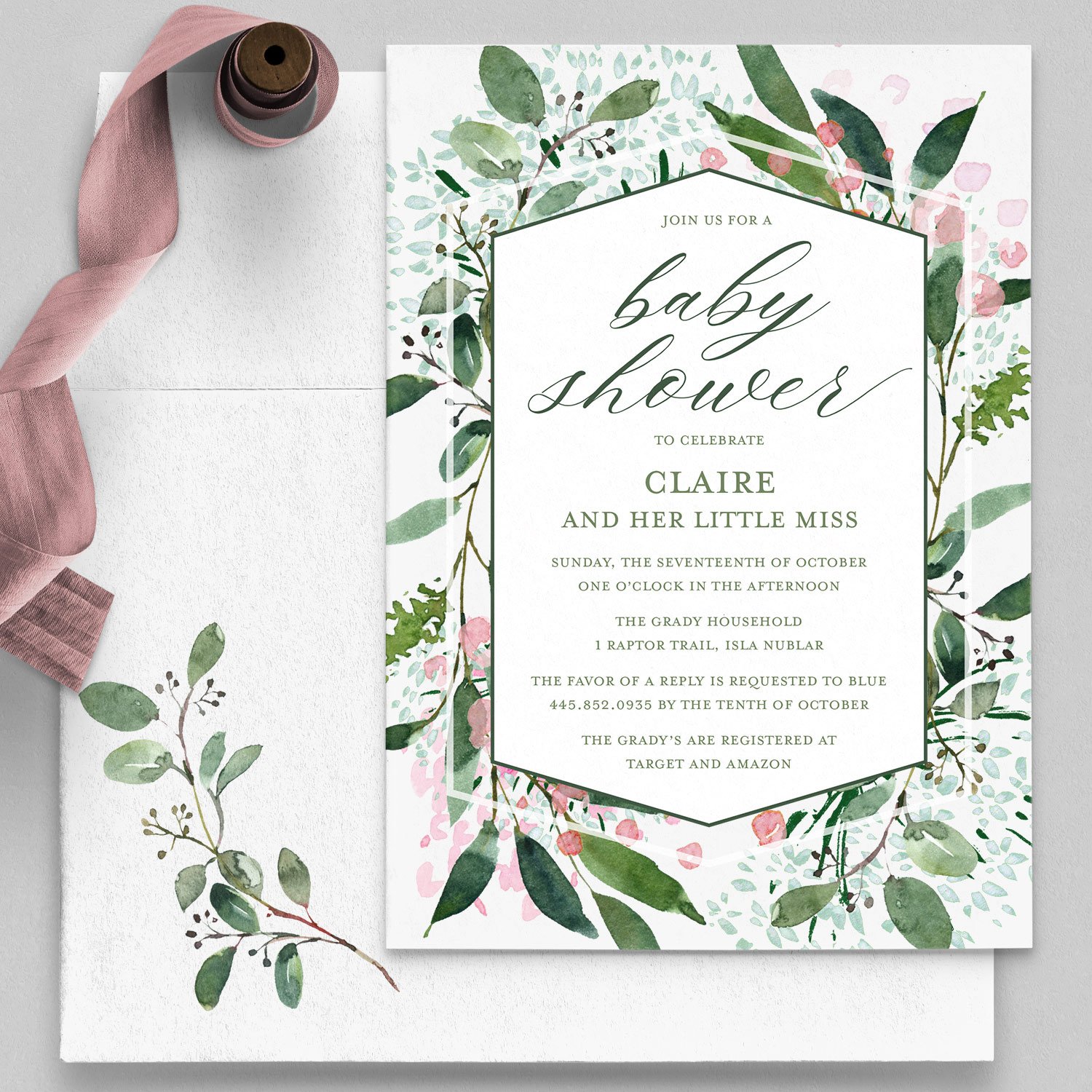 Watercolor Greenery Baby Shower Invitation, Boy or Girl — Custom Wedding and Event by