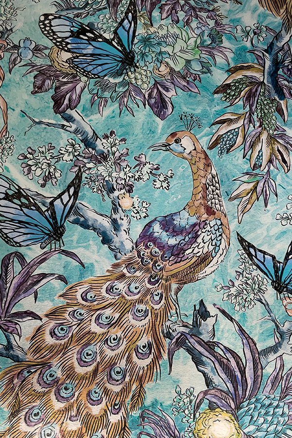 Teal Peacock Bird Floral Branches Drapery Upholstery Fabric