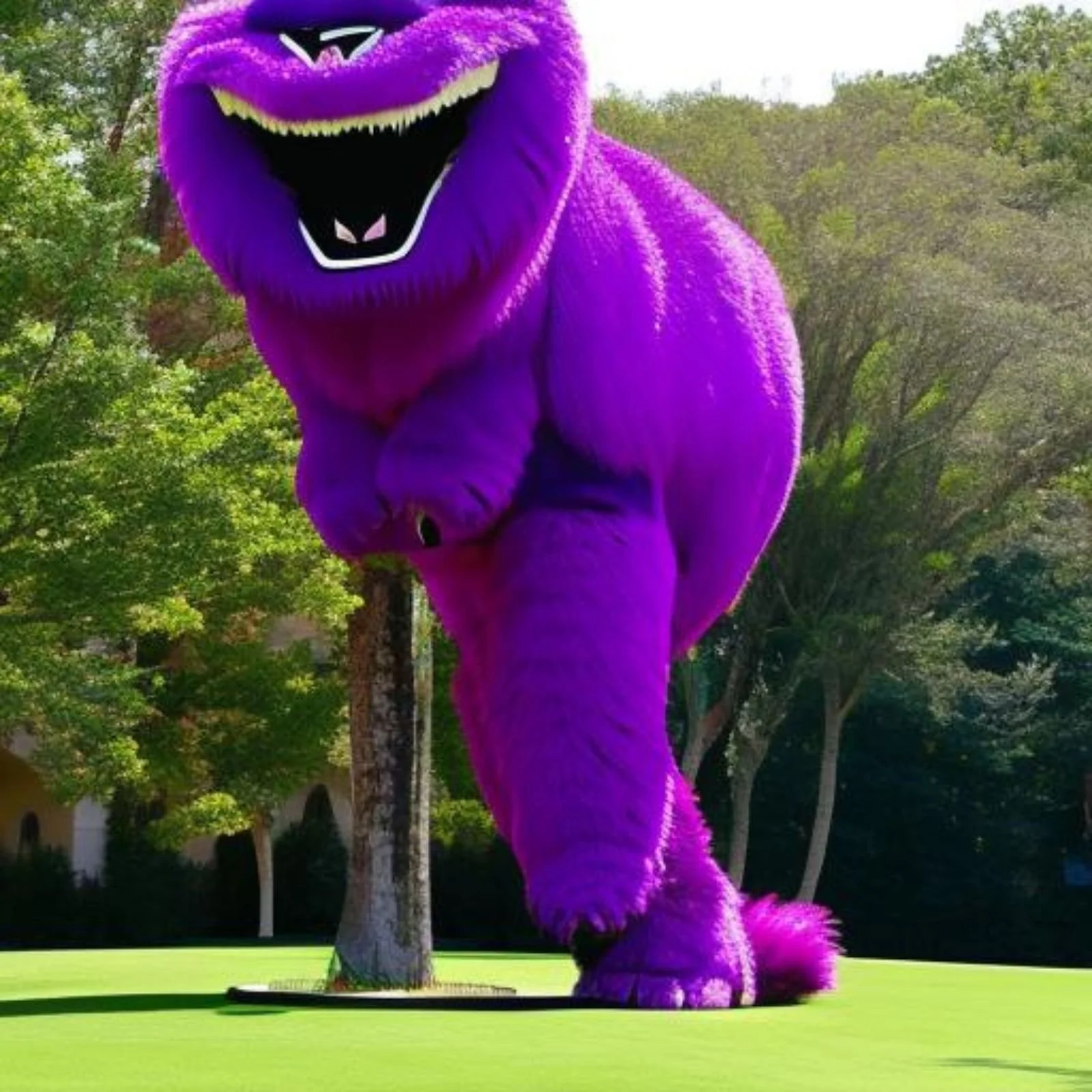 A very large, very fake, very purple people eater marching through a park like a Tyrannosaurus rex.