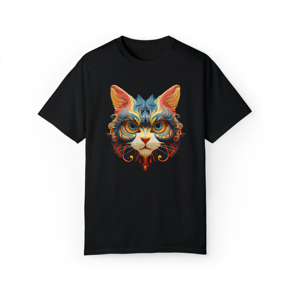 Cat Face on a Black Unisex Garment-Dyed T-shirt — Leaping Cat