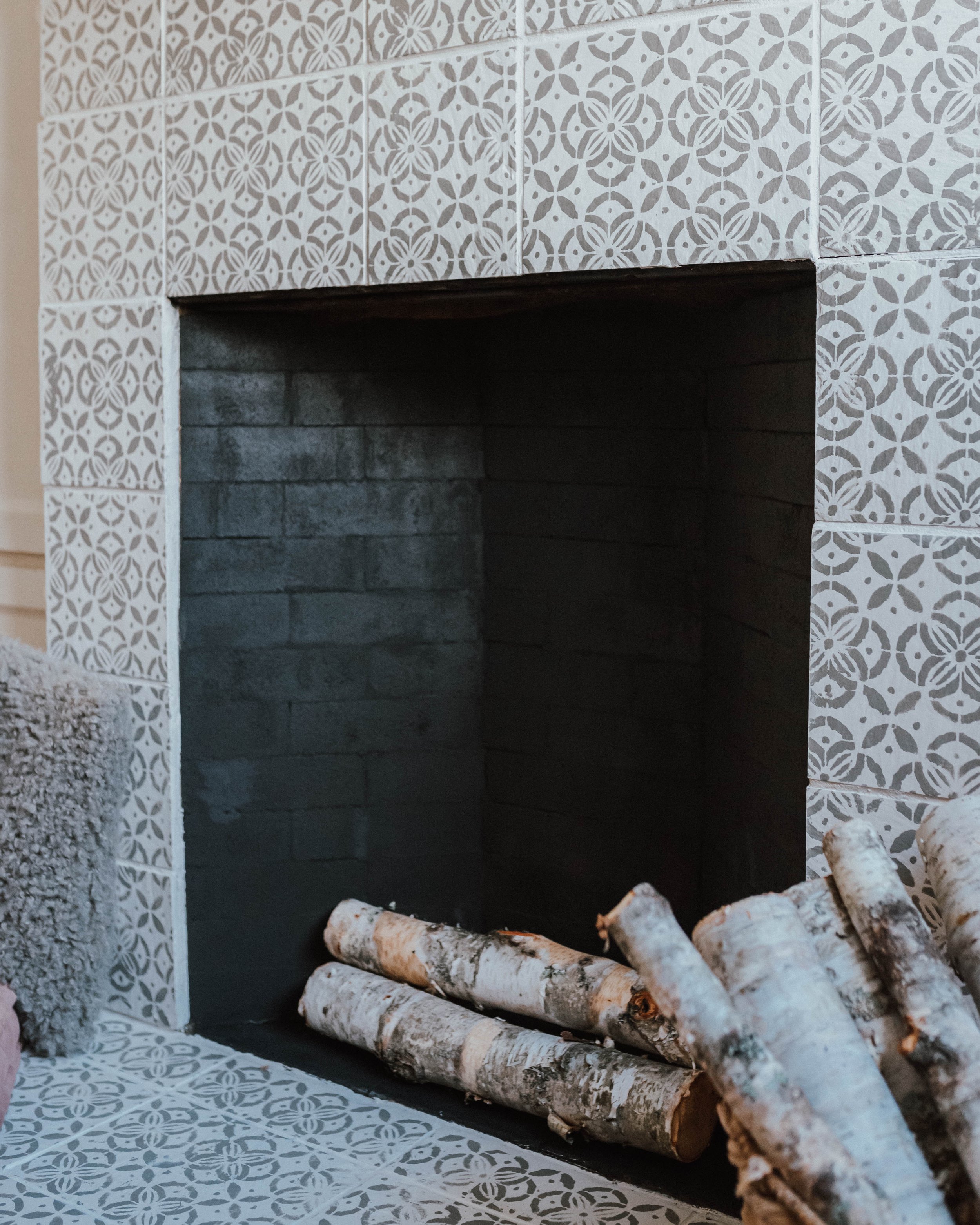 My $100 Fireplace Makeover with Behr Paint | The Wild Decoelis | Stencilled DIY Fireplace in under $100