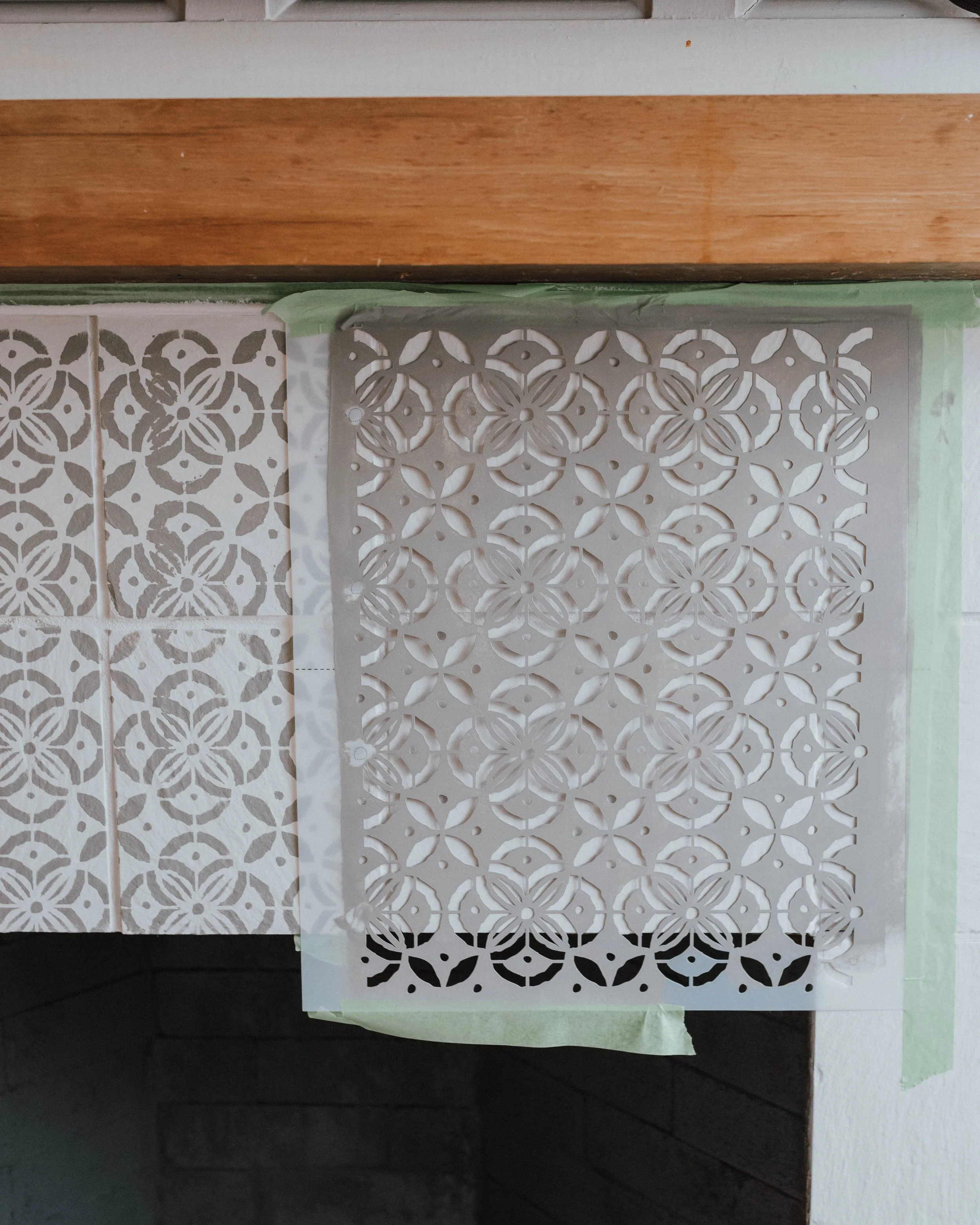 My $100 Fireplace Makeover with Behr Paint | The Wild Decoelis | stencil in Behr Battleship Grey