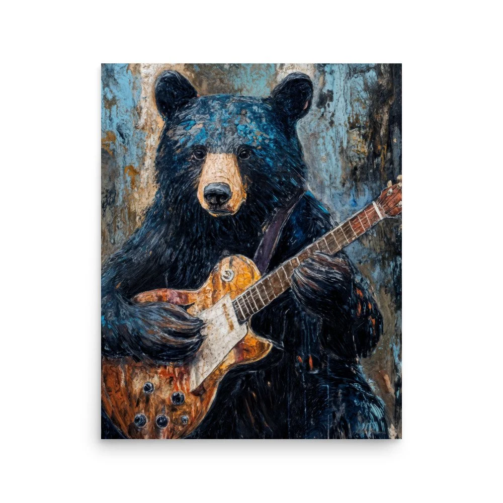 Wild Bear with Guitar Poster – Colorado Mountain Wall Art, Funny