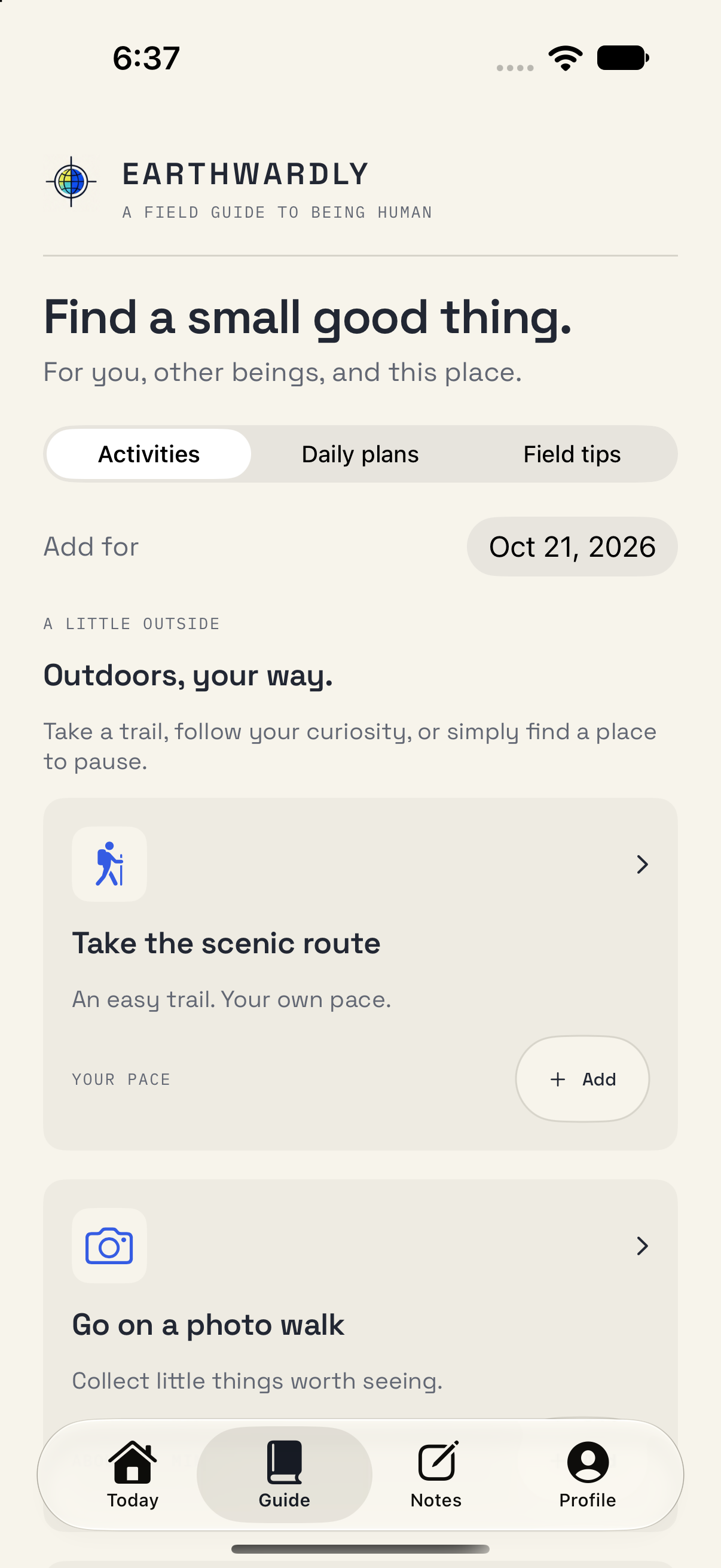 Earthwardly Guide with Activities, Daily plans, and Field tips, an explicit target date, and activity cards.