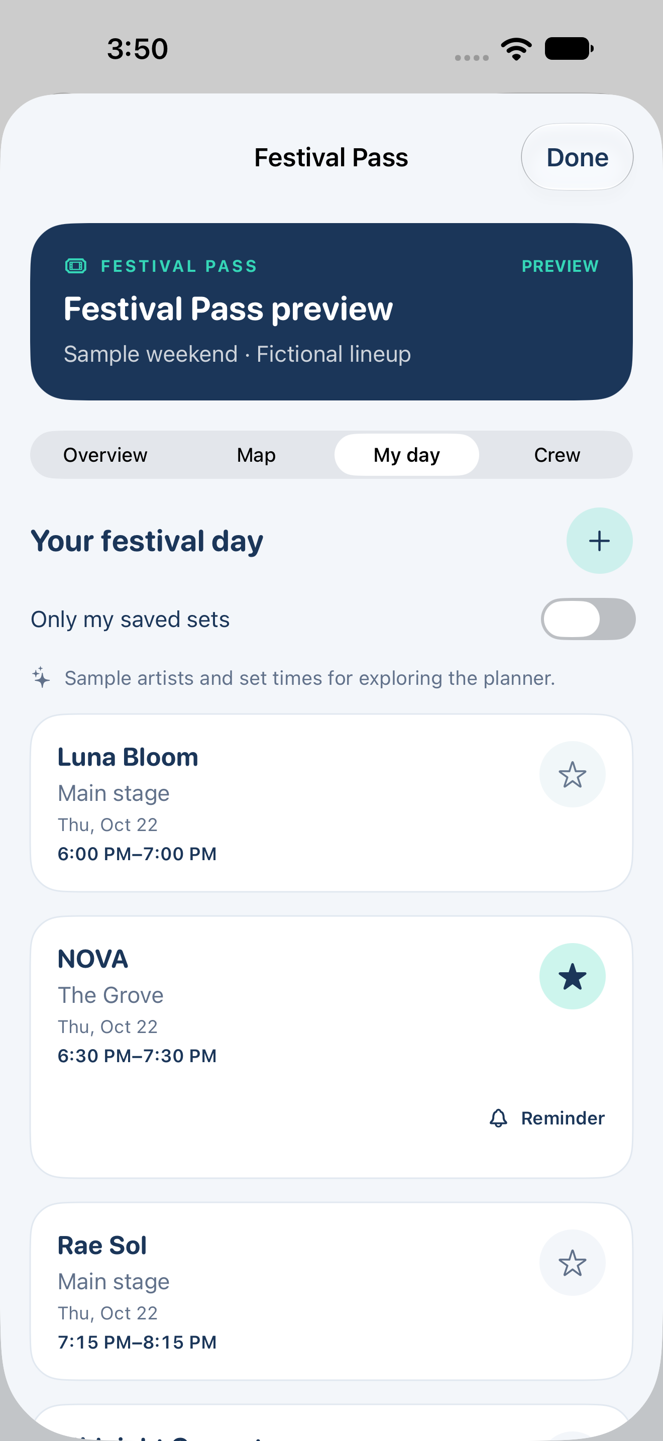 Personal festival schedule with labeled sample artists, times, saved sets, and reminder controls.
