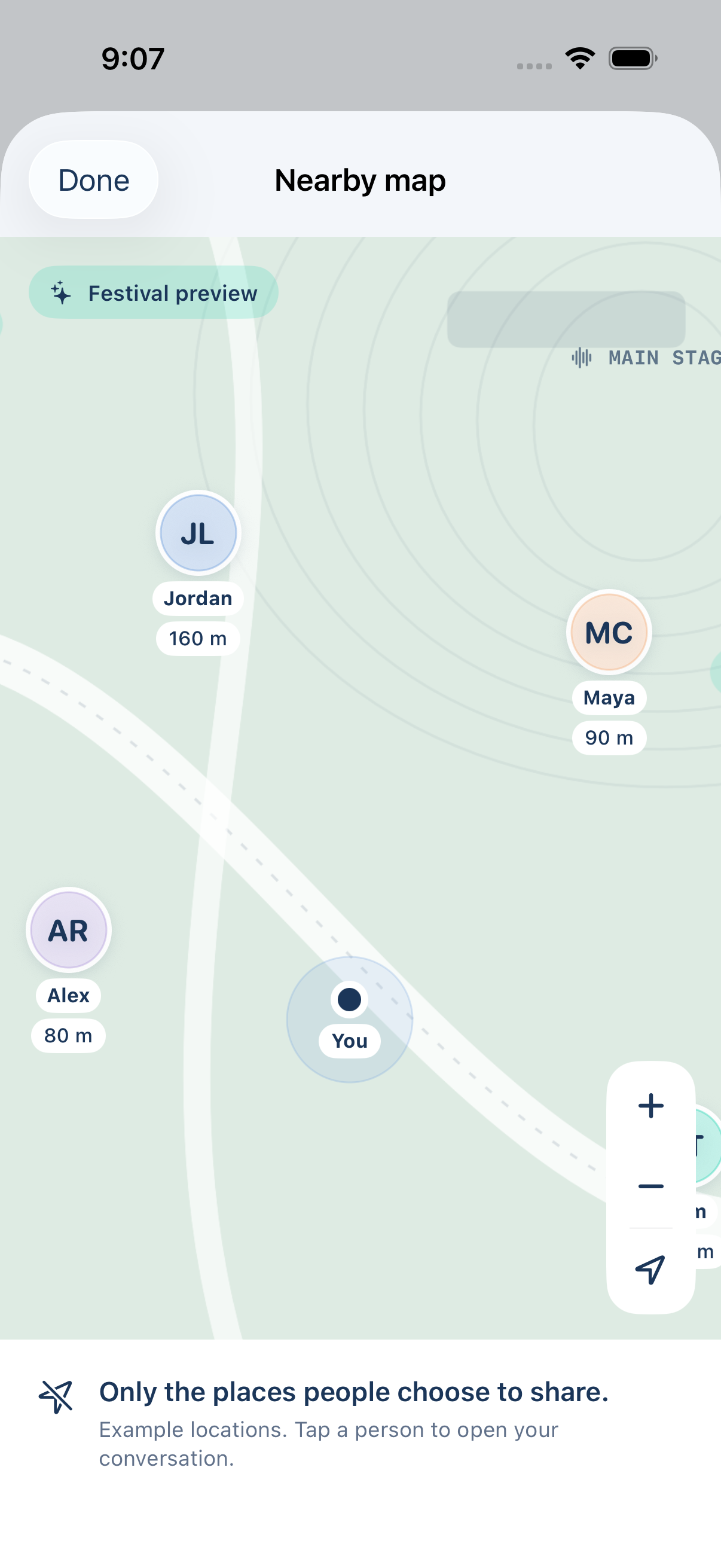 Expanded Superfind map with sample friend pins and zoom controls.