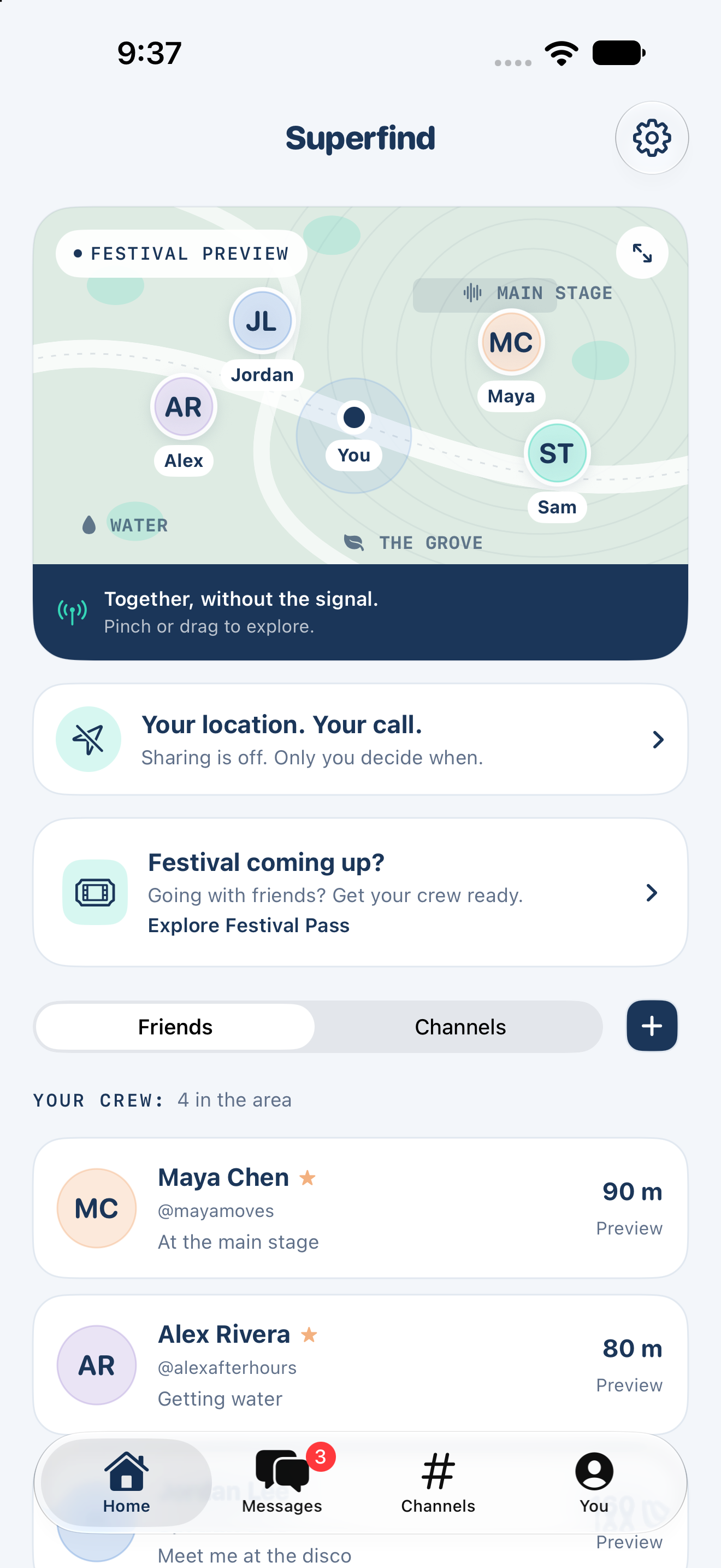 Superfind Home showing the labeled festival preview map, sharing controls, and crew list.