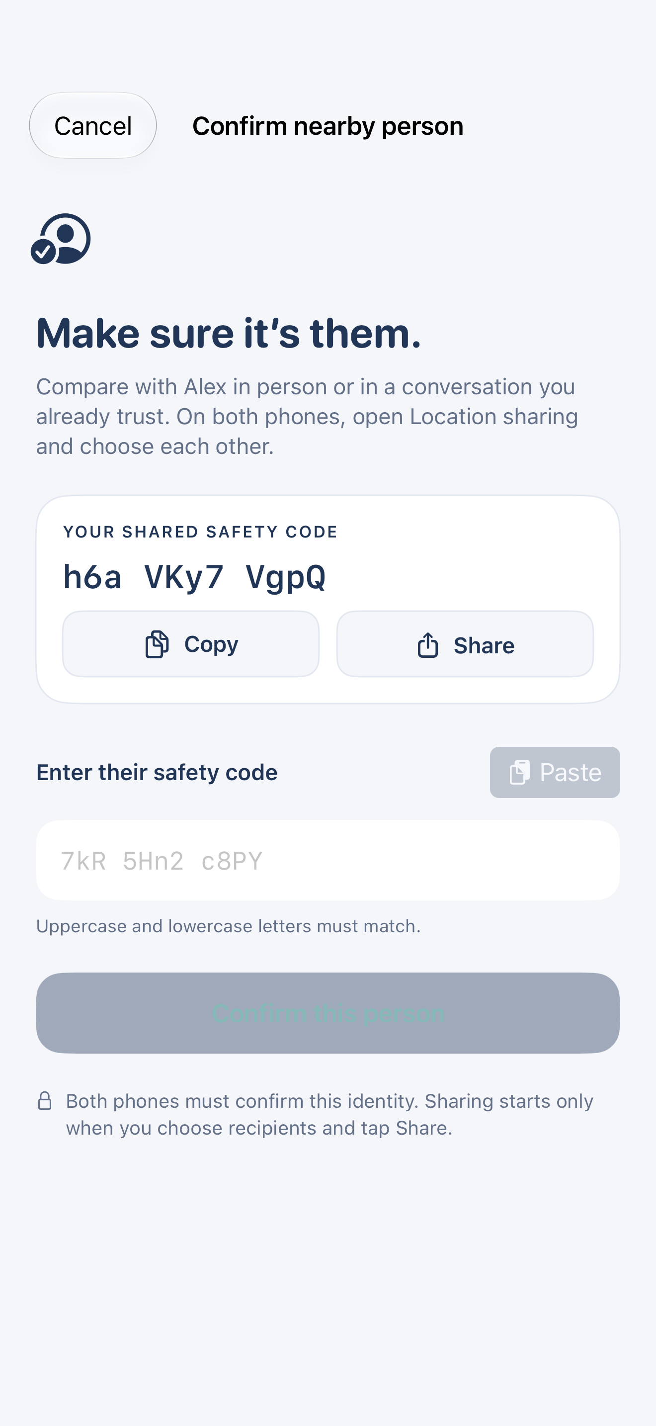 Superfind identity confirmation interface with an example safety code and a note that sharing requires a separate action.