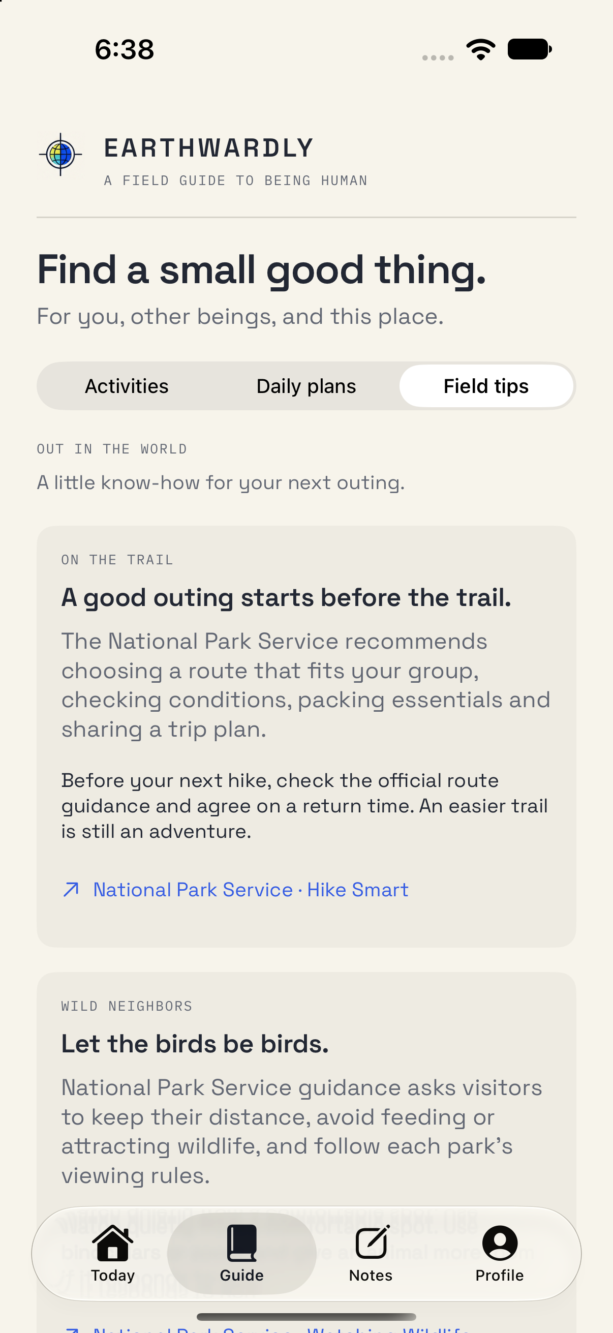 Earthwardly Field tips showing practical guidance with a visible National Park Service source link.