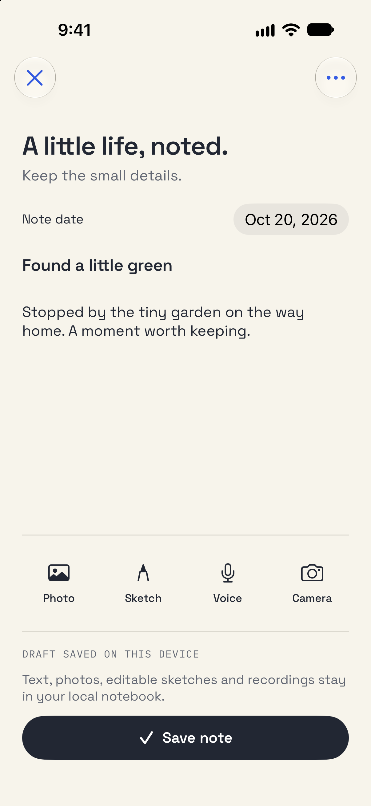 Earthwardly note editor with sample text, Photo, Sketch, Voice and Camera controls, local draft status, and Save note.