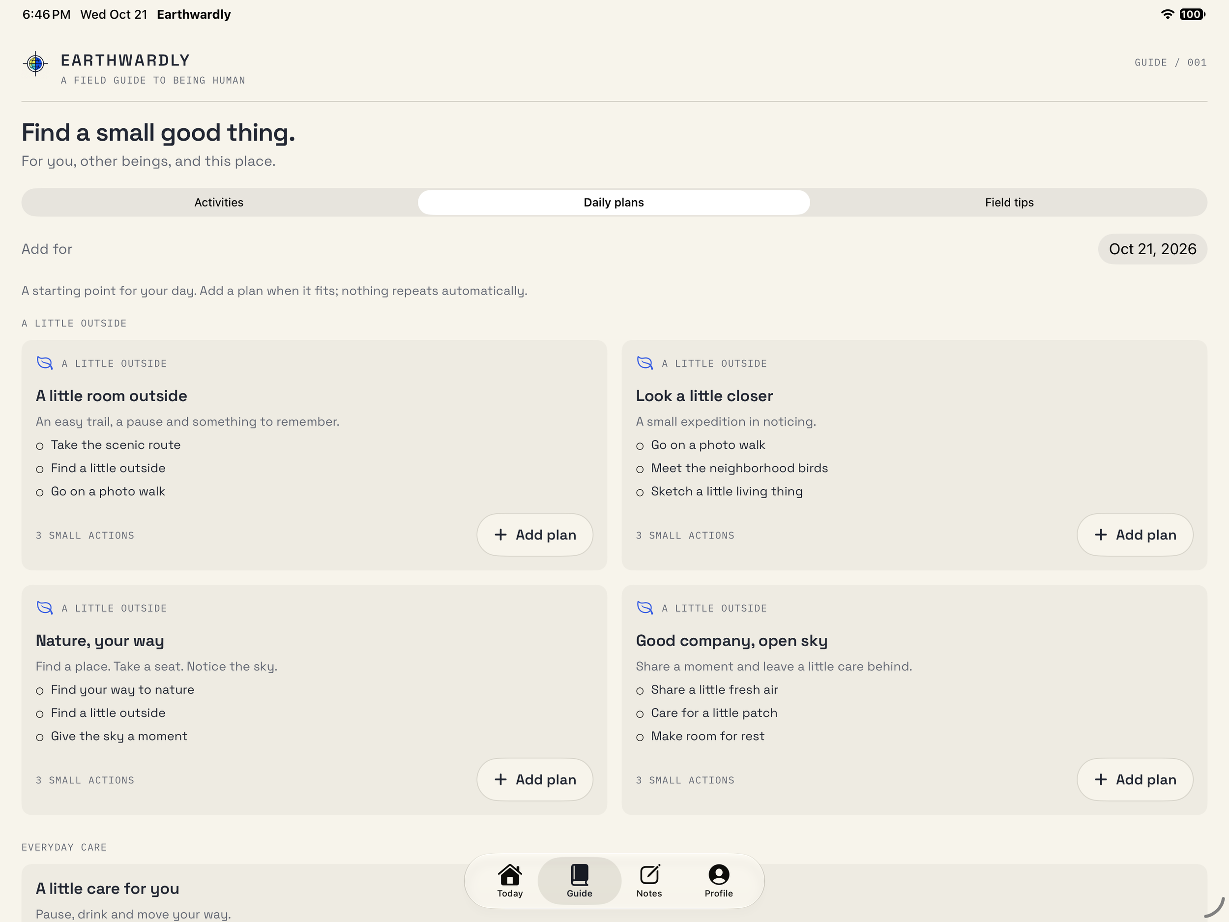 Earthwardly daily plans arranged in a responsive grid with repeated hierarchy and Add plan controls.