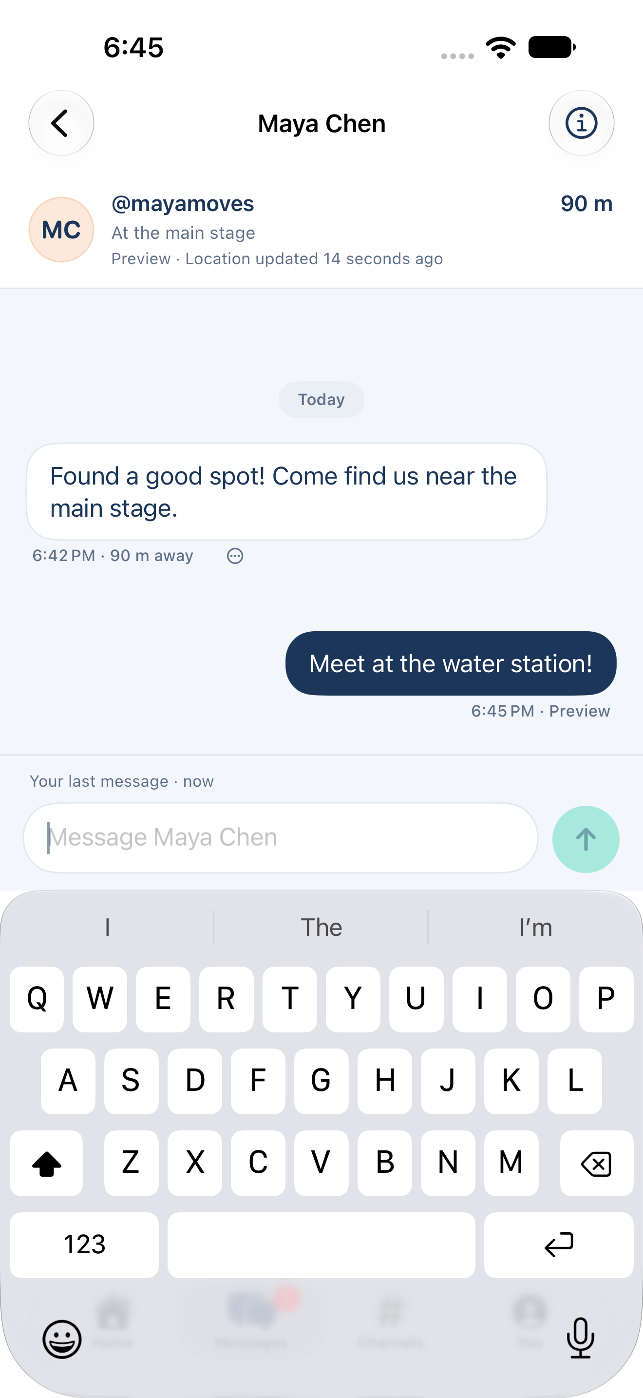 Sample direct conversation with Maya showing location freshness, message time, and the native composer.