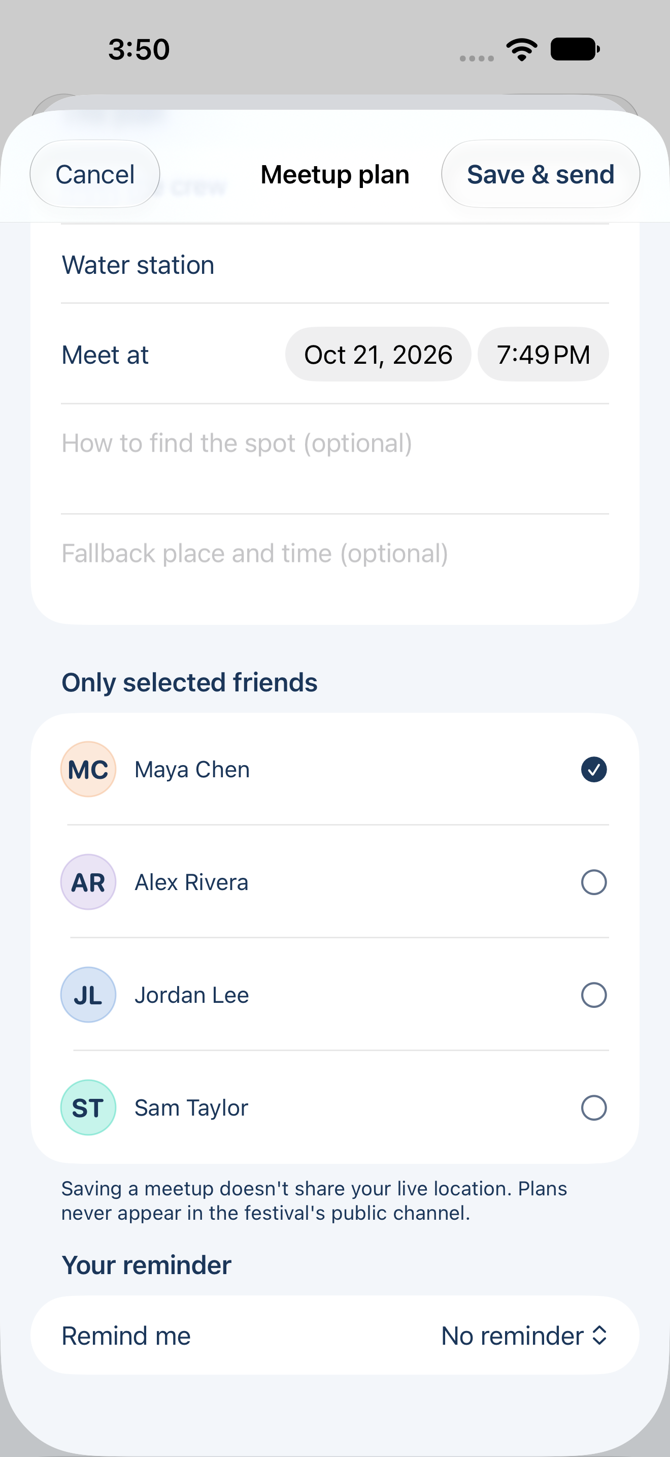 Private meetup form with a named water station, time, optional fallback, and explicitly selected sample recipients.
