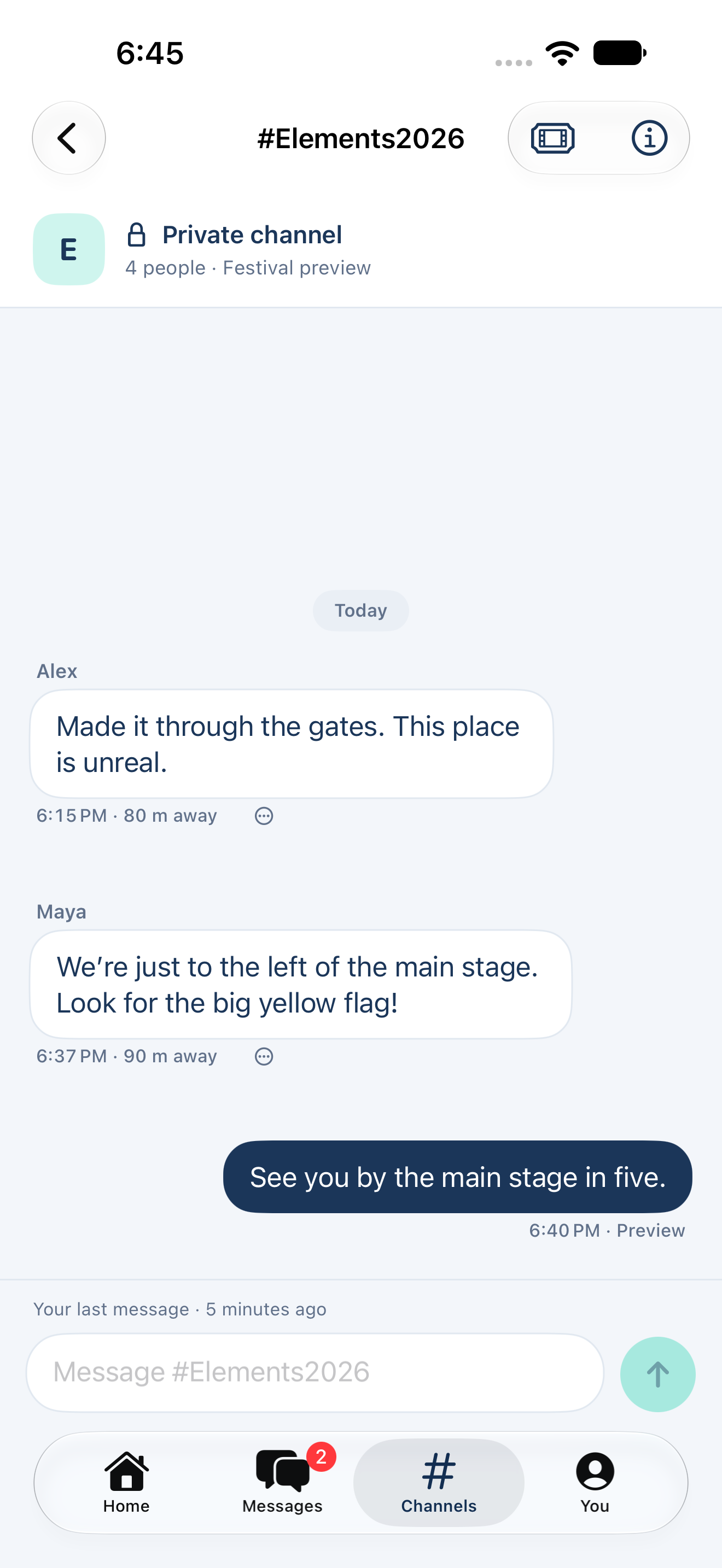 Labeled sample channel conversation showing sender names, timestamps, distances, and message status.