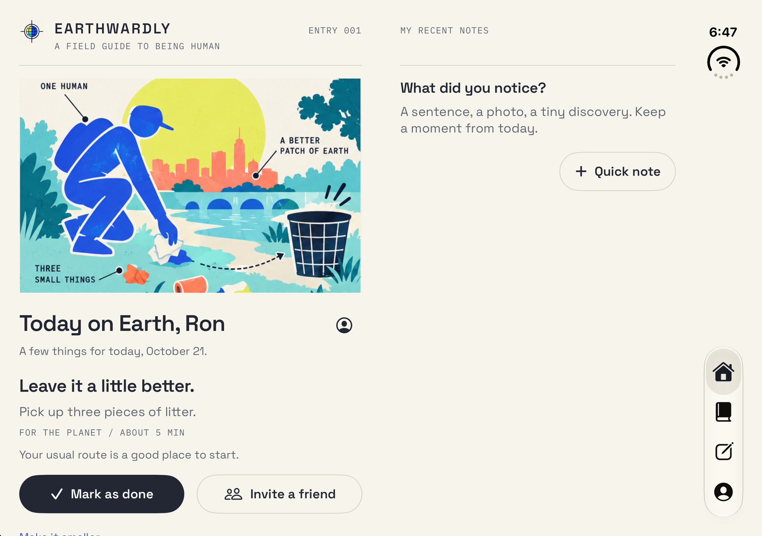 Earthwardly on the expanded Duo display, with an illustrated activity on the left and a note entry point on the right.