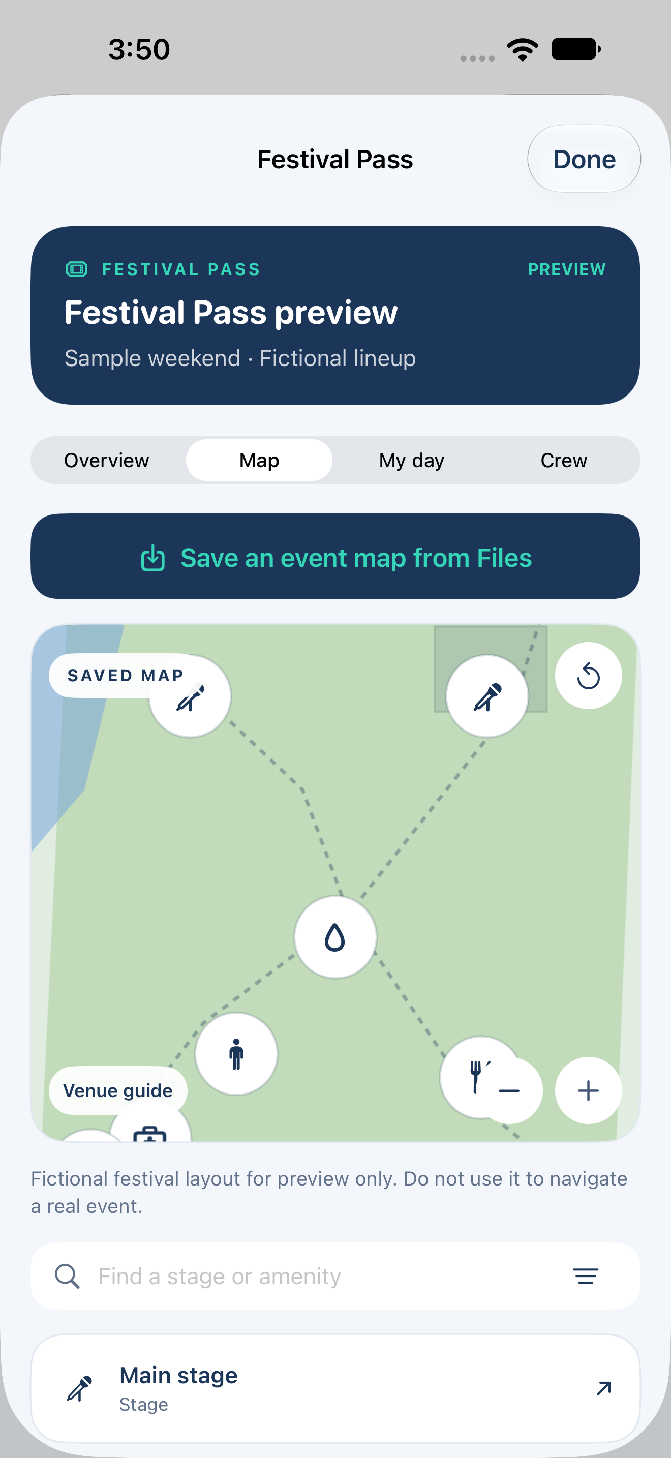 Saved fictional festival map with named places, search, category filtering, and zoom controls.