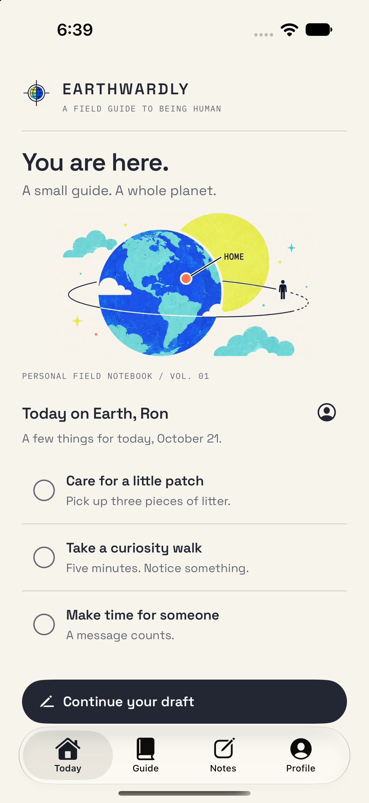 Compact Earthwardly Today showing the globe illustration, chosen actions, and a button to continue a draft.