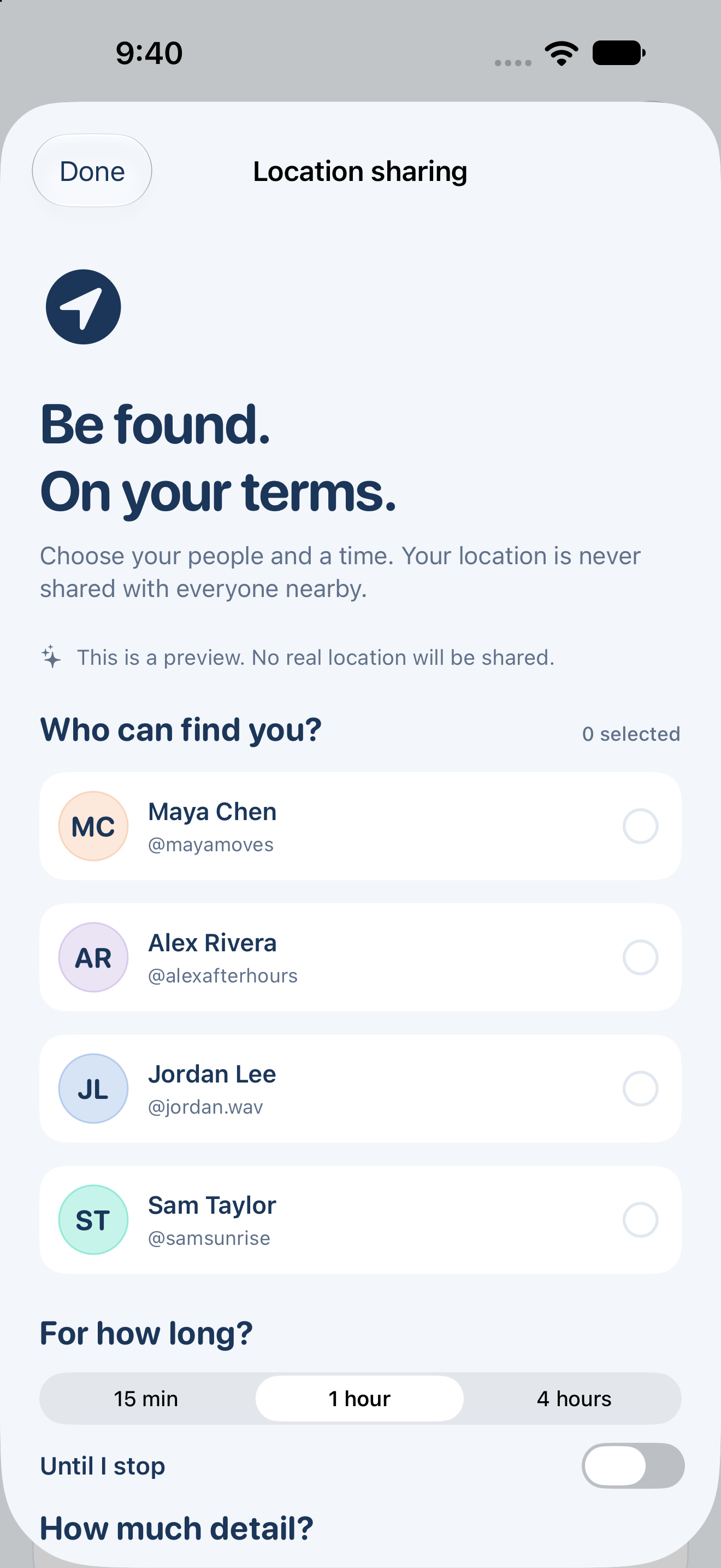Superfind location sharing sheet showing recipient choices, duration options, and the introduction to location detail settings.