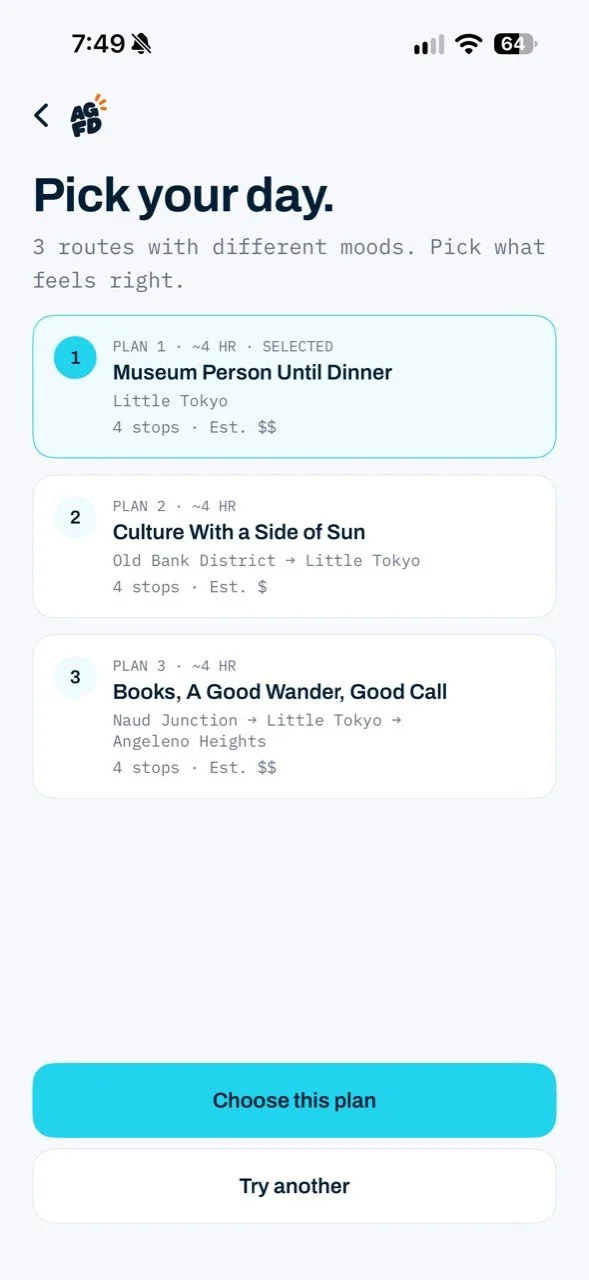 Three distinct day plans with mood, neighborhood, stops, and estimated spend