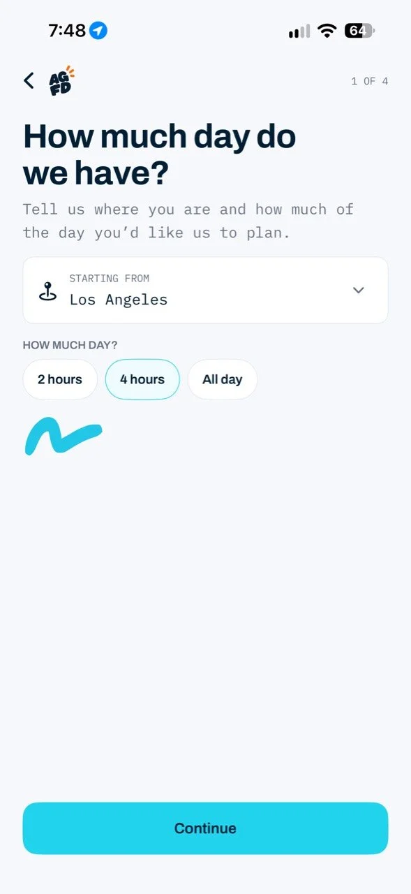 A Good Fckn Day setup screen asking for starting location and available time