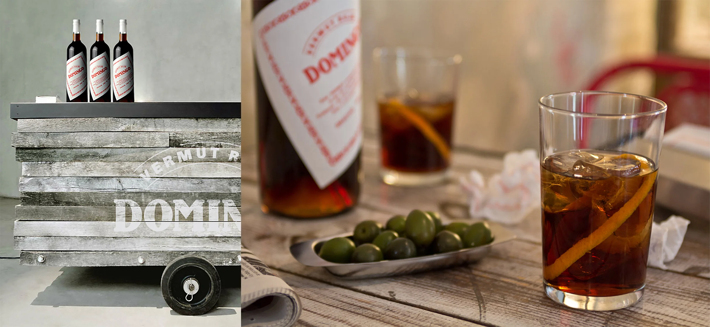 Domingo Vermut, botella y vaso con hielo