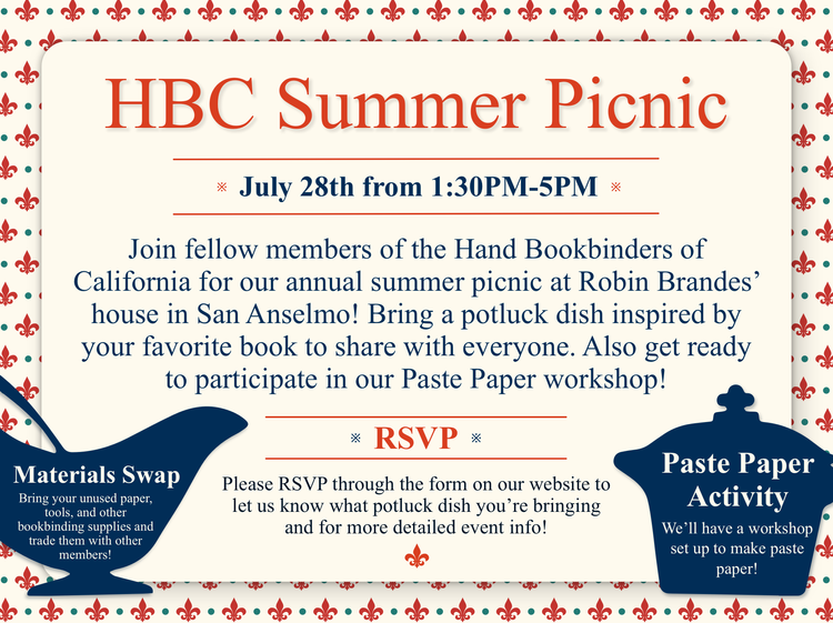 Banner image that reads "HBC Summer Picnic" on a cream colored background interspersed with blue dots and red fleur-de-lys.