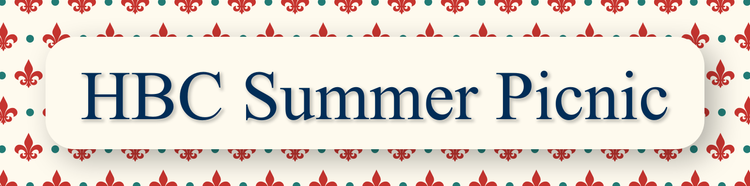 Banner image that reads "HBC Summer Picnic" on a cream colored background interspersed with blue dots and red fleur-de-lys.