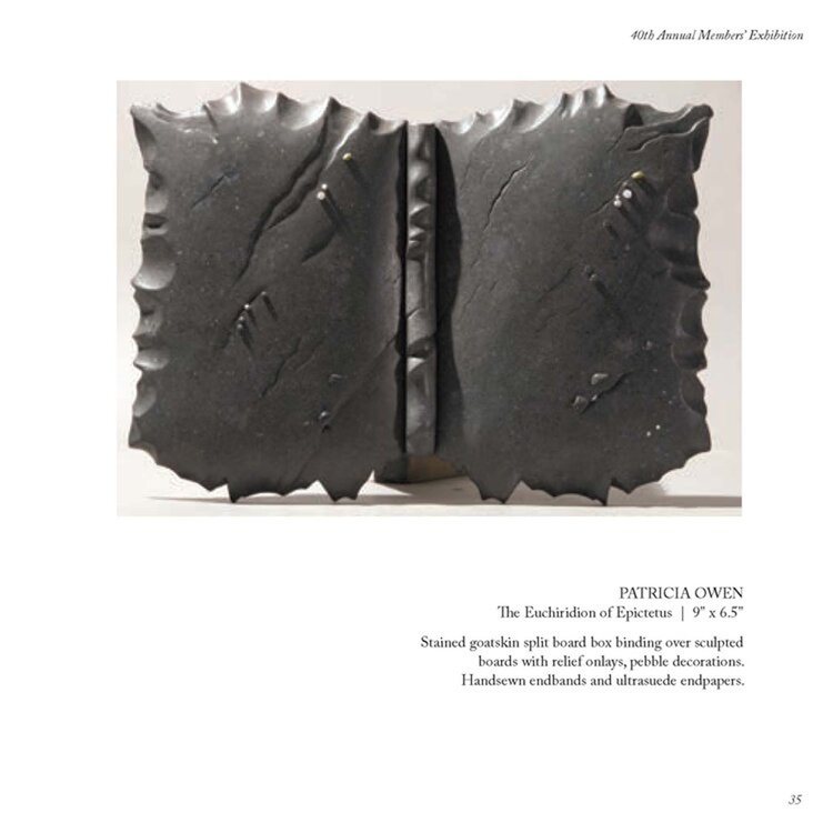 The Euchiridion of Epictetus by Patricia Owen. Stained goatskin split board box binding over sculpted boards with relief onlays, pebble decorations.