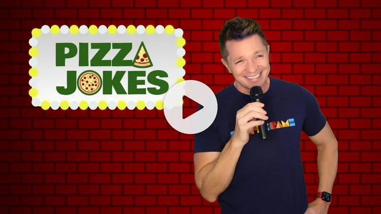 Video thumbnail of Tony standing in front of a brick wall next to sign that says Pizza Jokes.