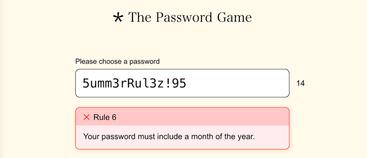 Screenshot showing the password input at 5umm3Rul3z!95 and a message that the password must contain a month of the year