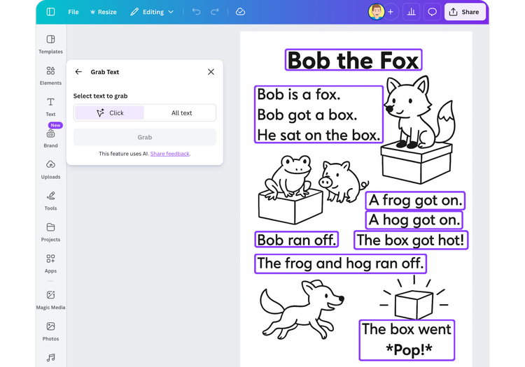Screenshot of a decodable reader open in Canva with Grab Text tool open