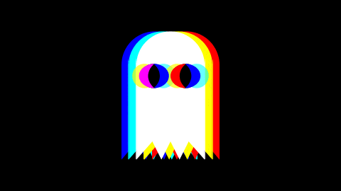 Animation showing shapes coming together to draw a glitched out ghost
