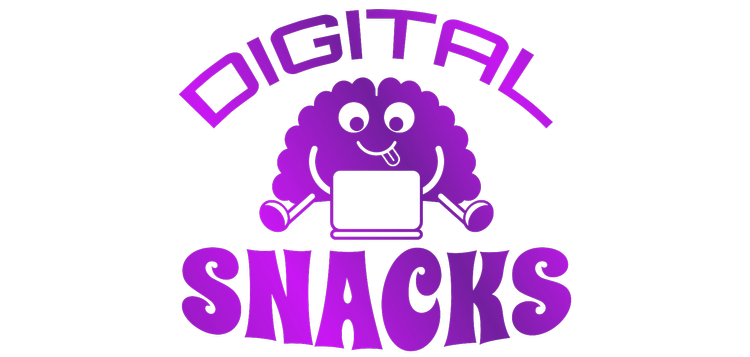 Hungry brain looking at a laptop screen with the words Digital Snacks