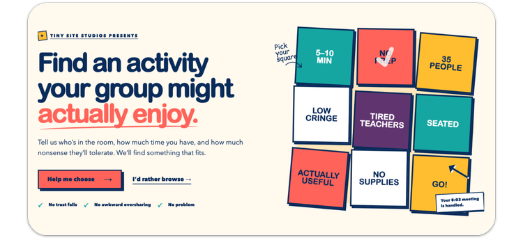Screenshot from Better Than Bingo site: Find an activity your group might actually enjoy