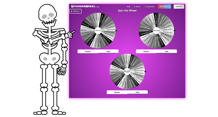 Skeleton pointing at three spinners