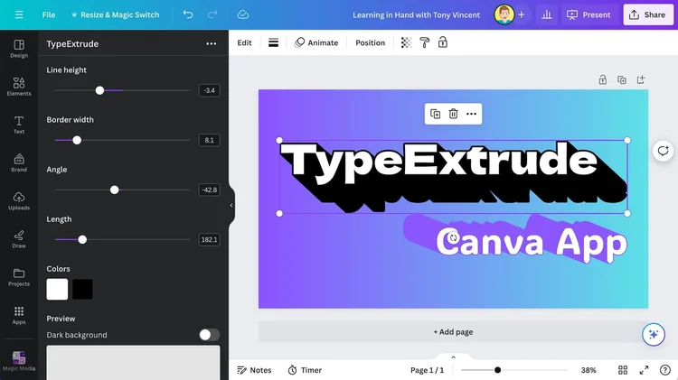 Screenshot of Canva with TypeExtrude app showing