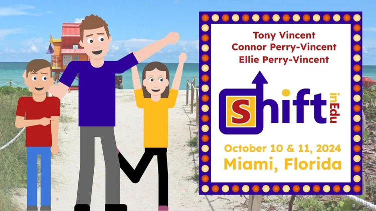 Cartoon dad with son and daughter looking at a sign that says Shift in Edu October 10 & 11, 2024 in Miami, Floria. Beach photo background.