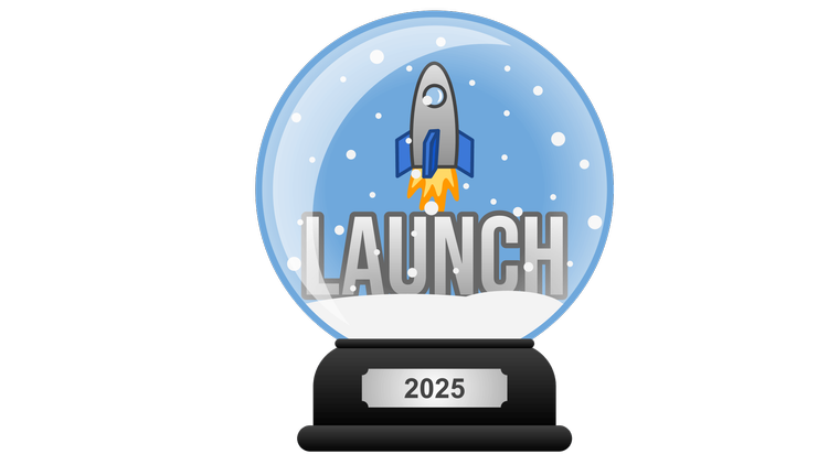 "A blue snow globe with a miniature rocket launching inside. The word 'LAUNCH' is written in large letters on the base, with the year '2025' inscribed below.