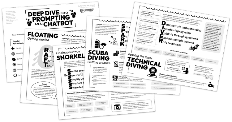 thumbnails of 5 pages of the Deep Dive into Prompting an AI Chatbot handout