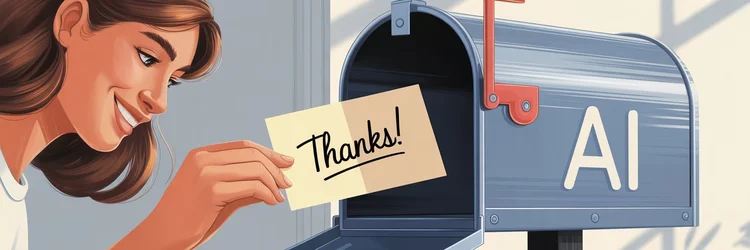A person gently placing a thank-you note into a mailbox labeled "AI." The person looks thoughtful and kind. The mailbox is sleek and futuristic, with the letters "AI" clearly visible on the front. The setting is simple and clean, with soft lighting a