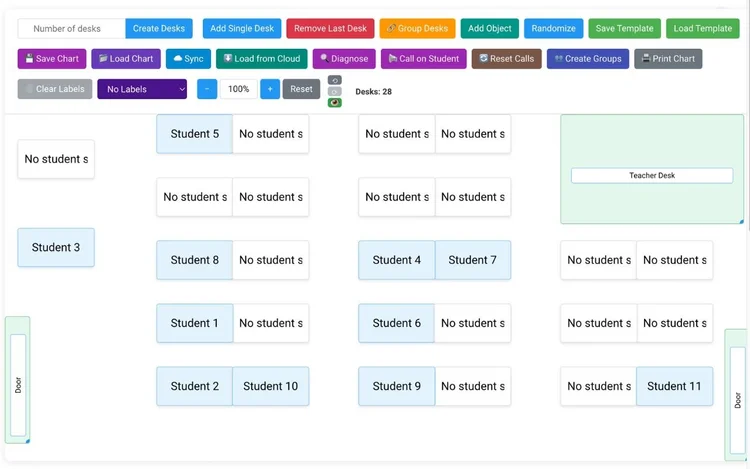 Screenshot of Seating Chart Generator with buttons across the top and a diagram showing seatings in the lower half.