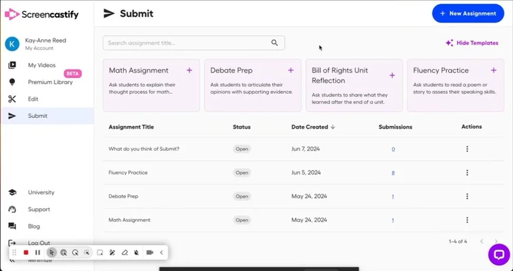Screencastify Submit Screenshot of Dashboard
